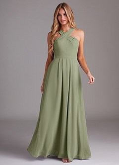 Azazie Dixie At-home Try On Dresses Agave A-Line Halter Pleated Chiffon Dress image3