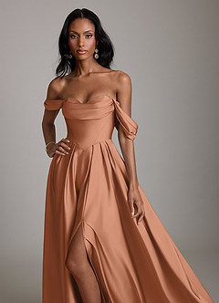 Azazie Loisa Abiti da Damigella Abito A-Line in Raso Elasticizzato a Spalla Scoperta Bronzo image5