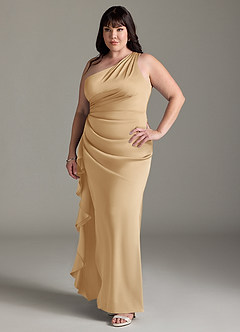 Azazie Latrice Bridesmaid Dresses Gold Sheath One Shoulder Cascading Ruffles Stretch Satin Dress image8
