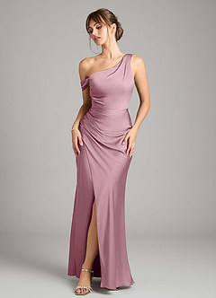 Azazie Madelyn Robes de demoiselle d'honneur Robe Sirène Convertible en Satin extensible Une épaule Mauve Vintage image1