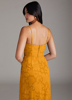 Azazie Maci Bridesmaid Dresses Butterscotch Sheath Pleated Floral Burnout Dress image6