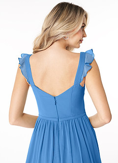 Azazie Stassie Robes de demoiselle d'honneur Robe Trapèze en Mousseline de soie Décolleté froncé Geai Bleu image6