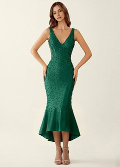 Delphine Vert Foncé Robe longue corsetée à col V en satin stretch ornée de perles image1