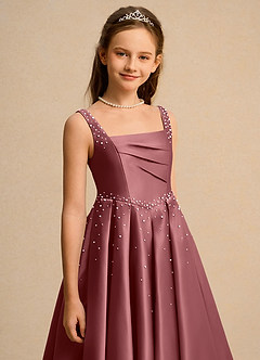 Azazie Mochi Girl Jurken voor bloemenmeisjes Baljurk Jurk van Mat Satijn Geplooid Amethist image7