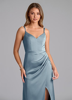 Azazie Leo Final Sale Dusty Blue Sheath Pleated Stretch Satin Dress image3