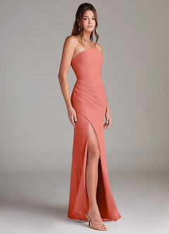 Azazie Eren Vestidos de damas de honor Vestido de Rosa Salmón de Gasa de Corte Recto con Hombro unilateral image4