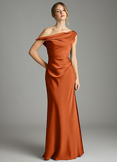 Azazie Emerson Bridesmaid Dresses Burnt Orange Mermaid Off the Shoulder Stretch Satin Dress image1