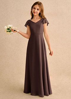 Azazie Nari Girls Formal Flower Girl Dresses Ganache A-Line with Sleeves Chiffon Dress image1