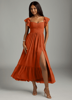 Azazie Anaya Bridesmaid Dresses Burnt Orange A-Line Pleated Chiffon Dress image1