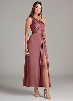 Azazie Brooke Robes de demoiselle d'honneur Robe Trapèze en Satin extensible Une épaule Améthyste image4