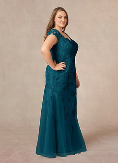 Azazie Marbella vestidos de madre de la novia Vestido de Azul Tinta de Encaje de Sirena con Reina Ana Lentejuelas image11
