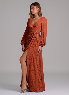 Azazie Norah Brudtärnklänningar Klä av A-Linje i Blommig Utbrändhet Långärmad Kastanjebrunt image3