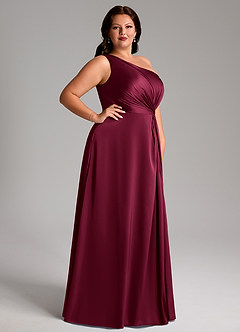 Azazie Brooke Vestidos de damas de honor Vestido Borgoña de Satén Elástico de Línea A con Un hombro image3