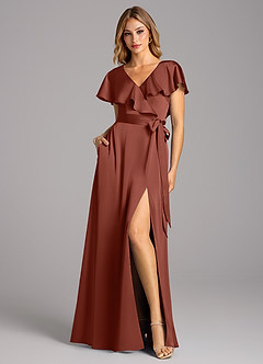 Azazie Lainey Bridesmaid Dresses Auburn A-Line with Pockets Stretch Satin Dress image3