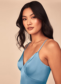 Azazie Dottie Bridesmaid Dresses Steel Blue A-Line Stretch Satin Dress image6