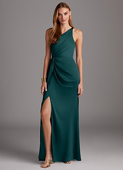 Azazie Mika Bridesmaid Dresses Pine Sheath One Shoulder Stretch Satin Dress image3