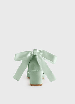 front Matching Color Matte Satin Pearl and Bow Pointed Toe Block Heels