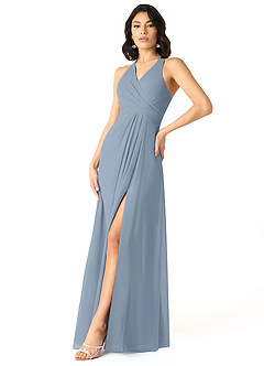 Azazie Danica Vestidos de damas de honor Vestido de Azul Polvoriento de Gasa de Corte en A con Plisado image3