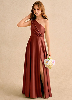 Azazie Puddles Girls Formal Abiti da Ragazza di Fiori Abito A-Line in Raso Elasticizzato Monospalla Terracotta image3