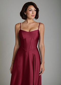 Azazie Nona Bridesmaid Dresses Burgundy A-Line Pleated Stretch Satin Dress image3