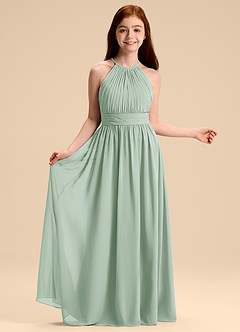 Azazie Malone Junior Abito A-Line in Chiffon Plissettato Agave image6