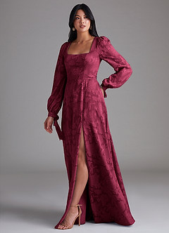 Azazie Leonia Bridesmaid Dresses Burgundy A-Line Long Sleeve Floral Burnout Dress image2
