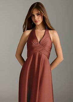 Azazie Tessie Bridesmaid Dresses Auburn A-Line Pleated Stretch Satin Dress image6