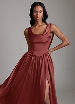 Azazie Novi Robes de demoiselle d'honneur Robe Trapèze en Satin extensible Avec poches Terracotta image3