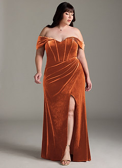 Azazie Jas Bridesmaid Dresses Burnt Orange Sheath Off-The-Shoulder Corset Velvet Convertible Dress image11