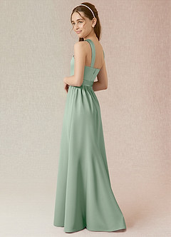 Azazie Jiya Junior Agave A-Line Pleated Stretch Satin Dress image3