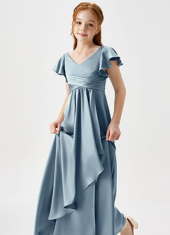 Azazie Omari Junior Dusty Blue A-Line Pleated Stretch Satin Dress image6