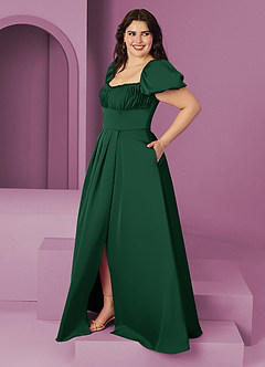 Barbie ♥ Azazie Bridesmaid Dresses Dark Green A-Line Ruched Stretch Satin Dress image9