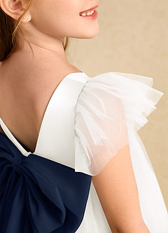 Azazie Munchkin Flower Girl Dresses Ivory Dark Navy A-Line Bow Tulle Dress image6
