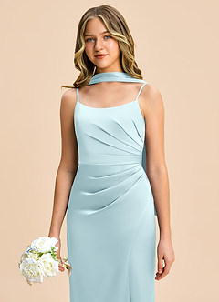 Azazie Calandra Junior Cloud Blue Sheath Pleated Stretch Satin Dress image7