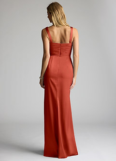 Azazie Elida Bridesmaid Dresses Terracotta Sheath Pleated Stretch Satin Dress image4