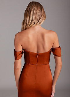 Azazie Saige Bridesmaid Dresses Paprika Sheath Off the Shoulder Stretch Satin Dress image9