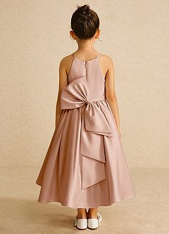 Azazie Sunray Robe Demoiselle D'honneur Fillette Robe Trapèze en Mat Satiné Bretelle Spaghetti Champagne Rosé image1