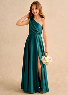 Azazie Puddles Girls Formal Abiti da Ragazza di Fiori Abito A-Line in Raso Elasticizzato Monospalla Verde Pavone image3