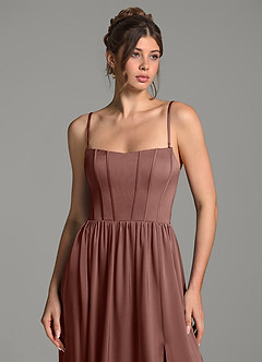 Azazie Delphina Bridesmaid Dresses Espresso A-Line Corset Stretch Satin Convertible Dress image2
