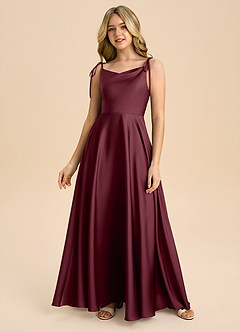 Azazie Popsy Junior A라인 절하다 스트레치 새틴 플로어 길이 주니어 신부 들러리 드레스 image3