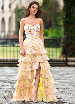 Papapym Yellow Printed Flowers Prom Dress image3