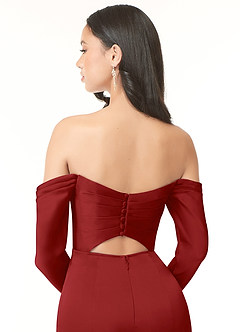 Azazie Hallie Bridesmaid Dresses Pomegranate Sheath Off-The-Shoulder Long Sleeve Stretch Satin Convertible Dress image7