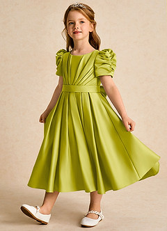 Azazie Miriam Flower Girl Dresses Lemongrass Ball-Gown Pleated Matte Satin Dress image3