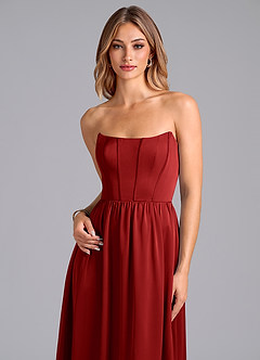 Azazie Leilana Bridesmaid Dresses Pomegranate A-Line Corset Stretch Satin Dress image6