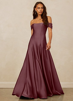 Christian Siriano Bridal for Azazie 1002 Bridesmaid Dresses Sangria A-Line Off the Shoulder Stretch Satin Convertible Dress image1