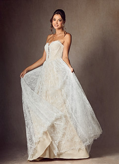 Azazie Lorena Wedding Dresses Diamond White Champagne A-Line Strapless Lace Dress image5