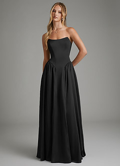 Azazie Arden At-home Try On Dresses Black A-Line Corset Stretch Satin Dress image4