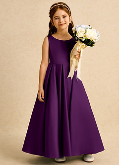 Azazie Pepper vestidos de niña de las flores Vestido de Uva de Satin Mate de Corte En A con Plisado image6
