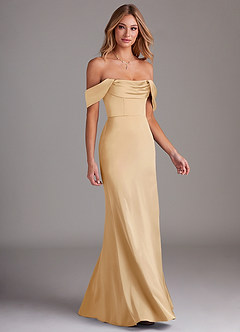 Azazie Saige Jurken voor bruidsmeisjes Jurk van Stretch Satijn met Kolom Off the Shoulder Goud image6