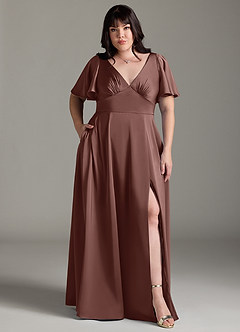 Azazie Kimber Brudtärnklänningar Klänning av A-Line i Stretch Satin Ruched Espresso image7